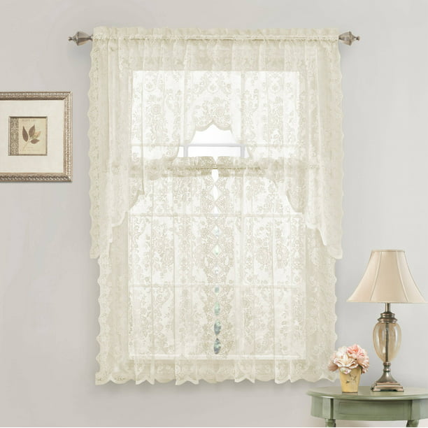 Just-Enjoy Lace 3pc Beige Embroidered Floral Lace Kitchen Curtain Tier & Valance Set Rose 